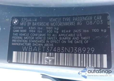 2003 BMW 325I из США, поврежденный, VIN WBAET37483NJ38929